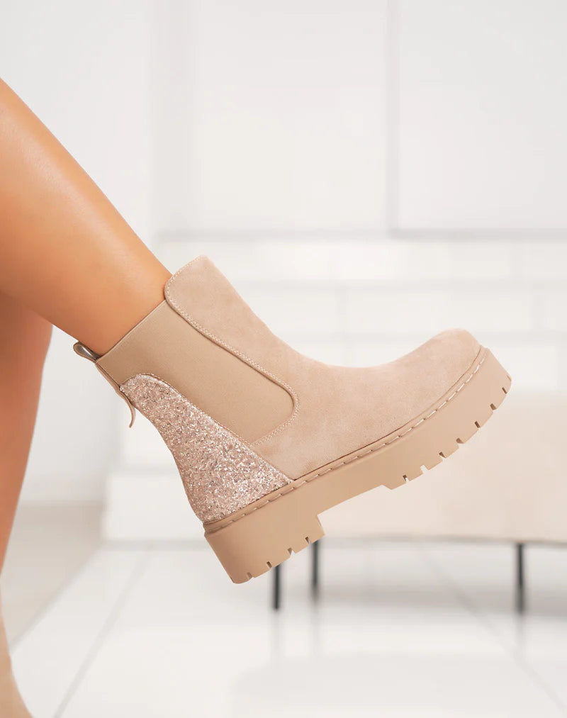 Bottines femme beiges tendance style Chelsea en suédine avec paillettes