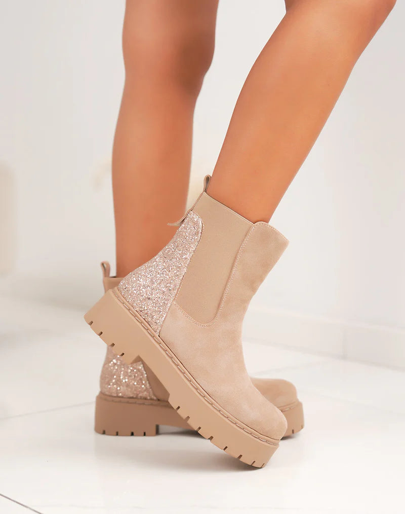 Bottines femme beiges tendance style Chelsea en suédine avec paillettes