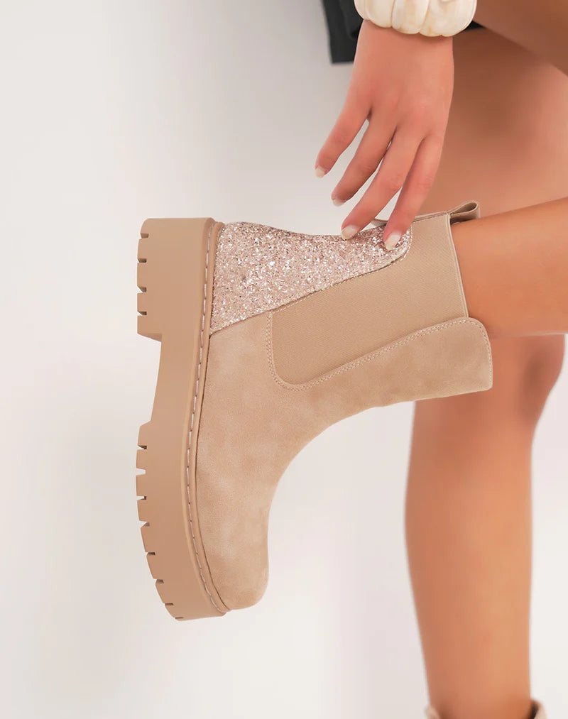 Bottines femme beiges tendance style Chelsea en suédine avec paillettes
