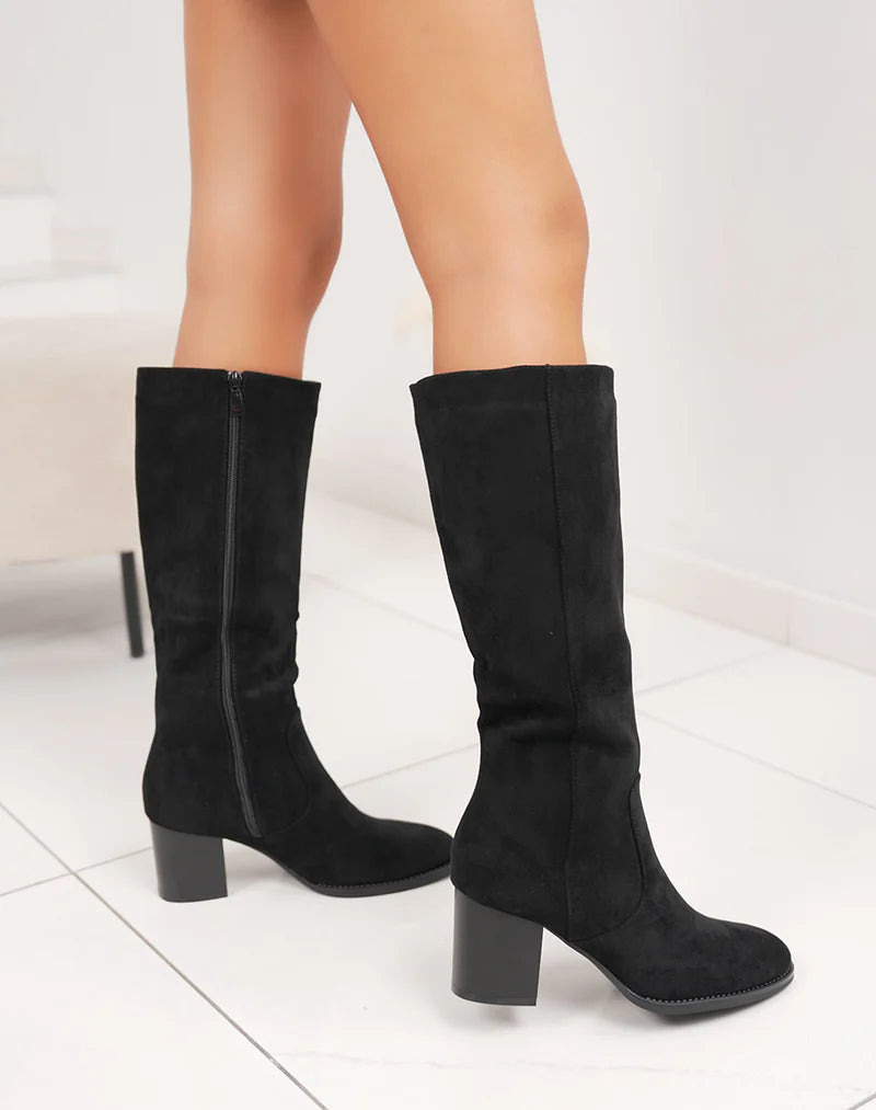 Bottes noires en suédine à talon carré et intérieur fourré