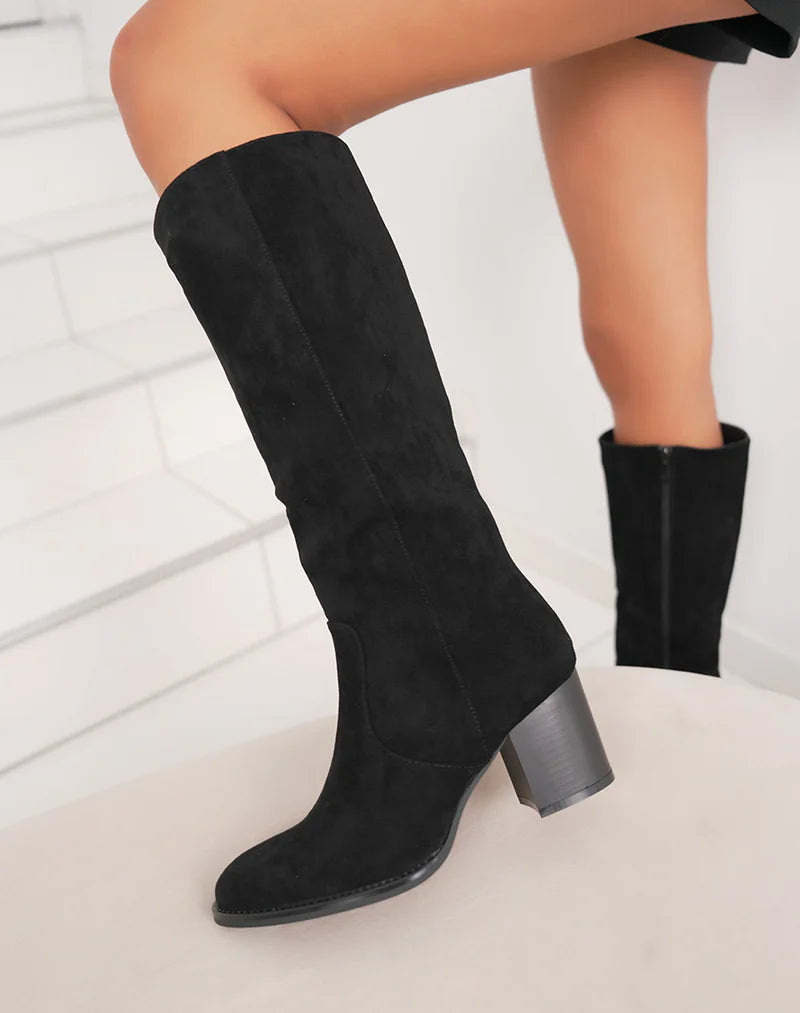 Bottes noires en suédine à talon carré et intérieur fourré
