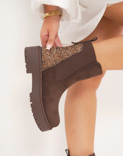 Bottines femme marron en suédine style Chelsea avec paillettes cuivrées et semelle plateforme